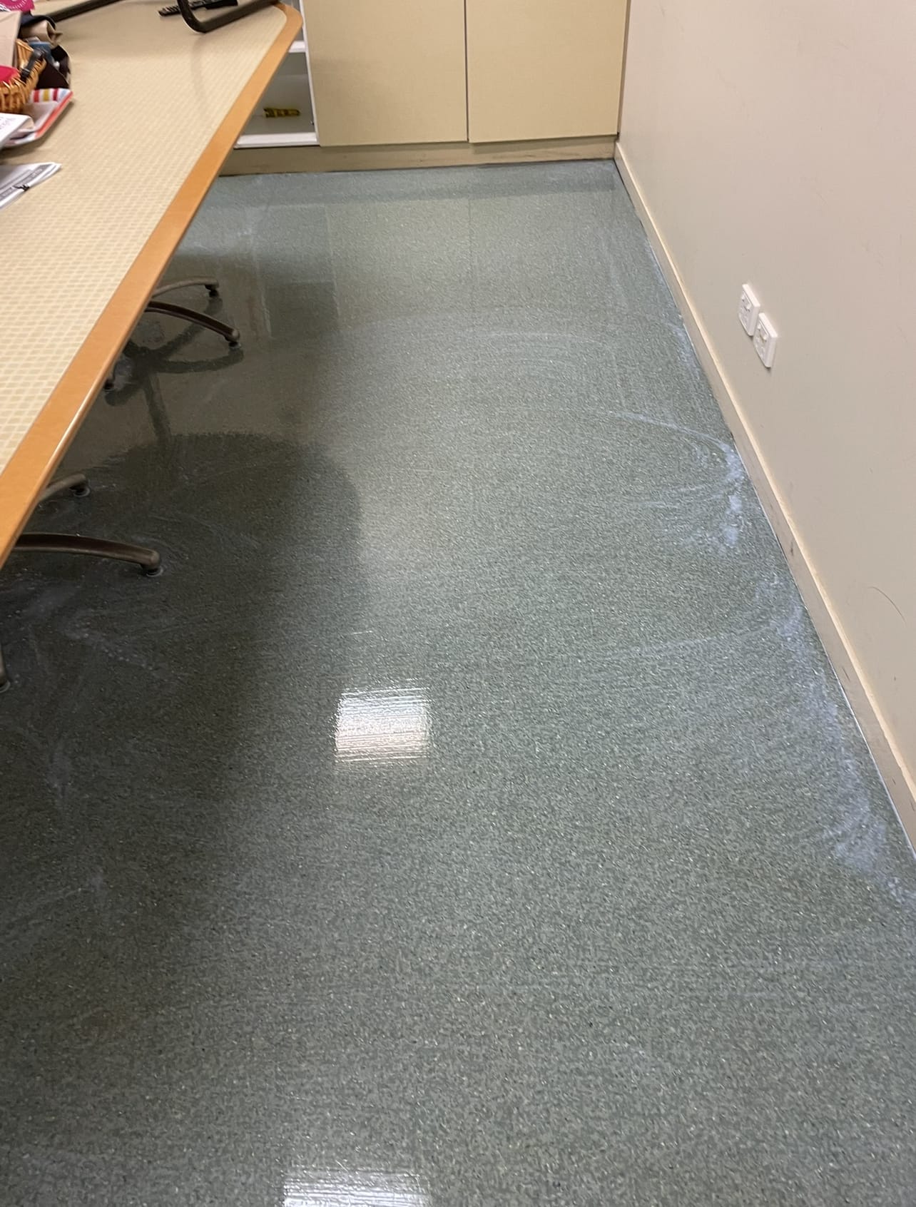 Buffed vinyl floor beside office workstations